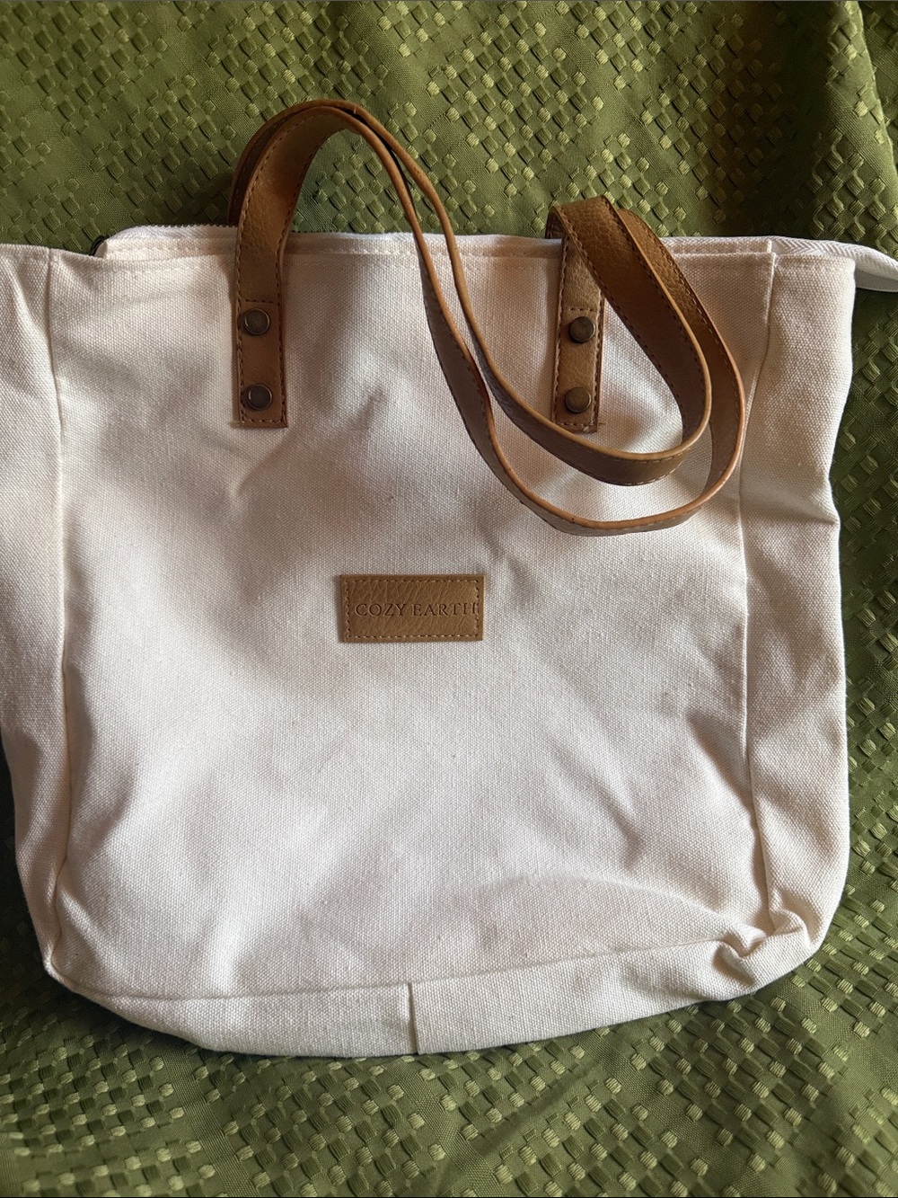 Cozy Earth Cream Canvas Tote with Tan Leather Straps